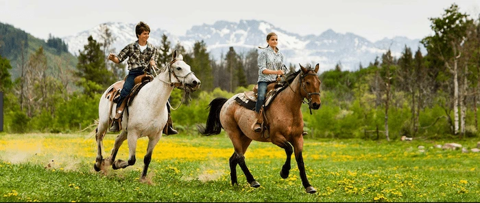 Confident plus-size woman riding Feltham a horse through a field with a smile on her face.